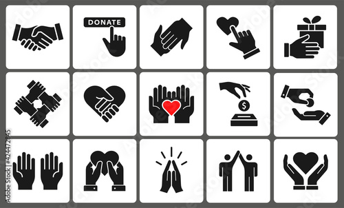 Charity icon set. Collection of donate, volunteer, help, hope and more.