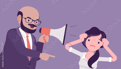 Bossy man crying into megaphone in loud voice addressing woman. Manager speaking through bullhorn, expressing strong emotion, explain the task, motivate to work. Vector creative stylized illustration