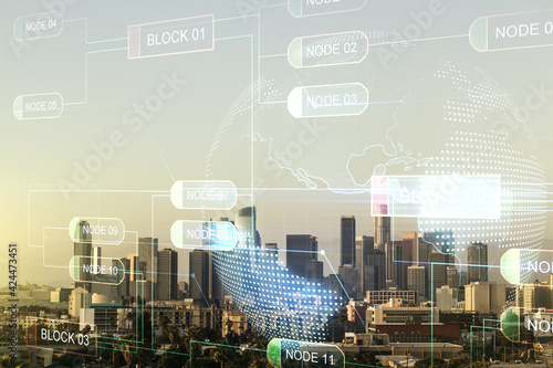 Multi exposure of abstract graphic coding sketch and world map on Los Angeles cityscape background, big data and networking concept
