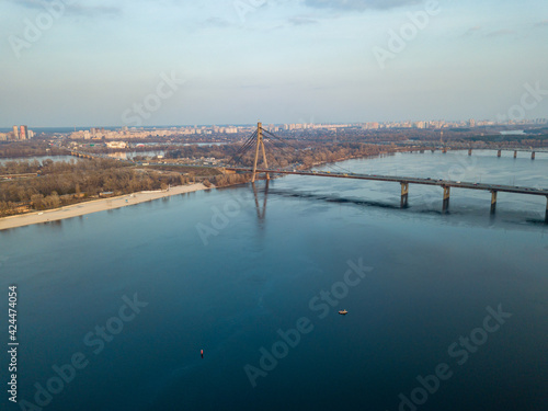 Dnieper River in Kiev. Aerial drone view.