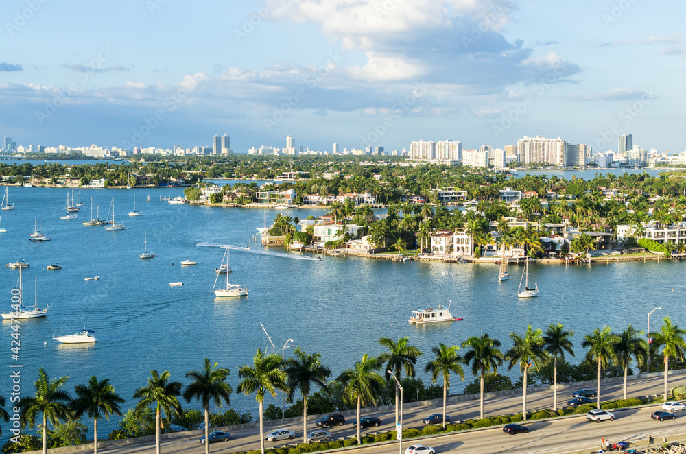 Beautiful view of MacArthur Causeway, Venetian Islands at Biscayne Bay in Miami, Florida, United States of America.