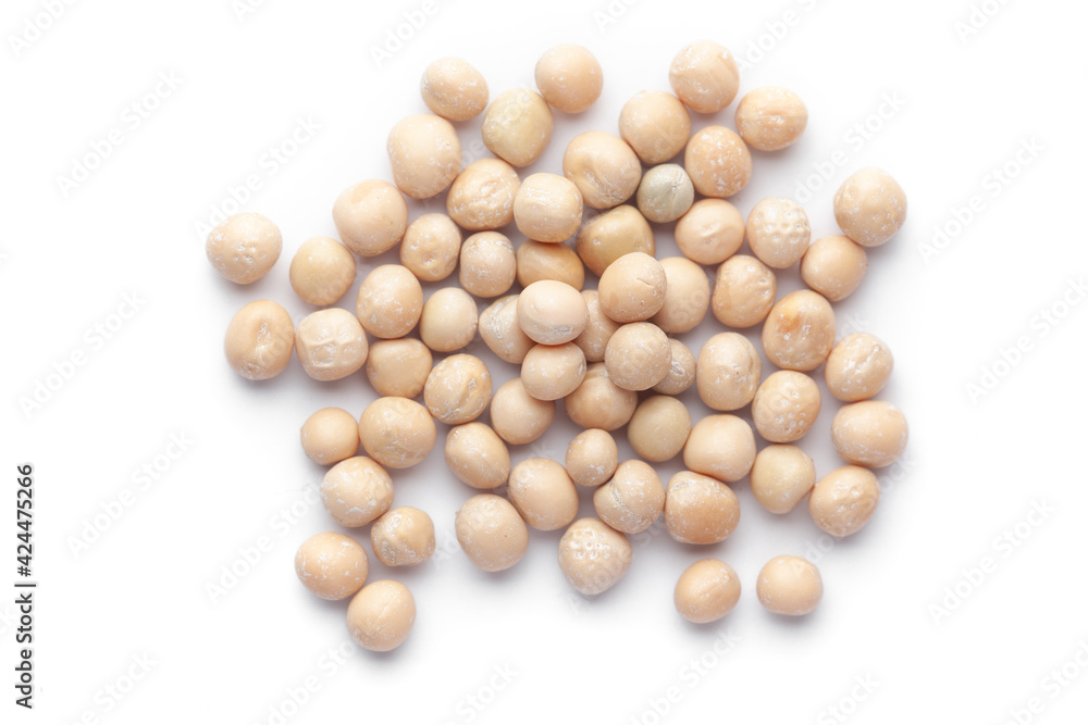 Macro Close up of Close up of Organic dry peas whole (Pisum sativum) or matar dal cleaned on a white background. Top view Macro Close up of Close up of Organic dry peas whole (Pisum sativum) or matar dal cleaned on a white background. Top view