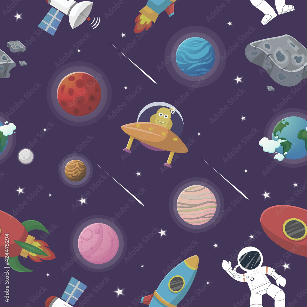 Astronaut with rocket and alien in the open space Astronaut with rocket and alien in the open space