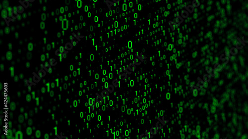 Technology stream binary code. Digital illustration. Green matrix background. Programming, coding, hacking and encryption. 3d rendering.