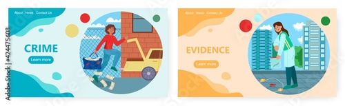 Crime landing page design, website banner vector template set. Bank robbery, forensic evidences.