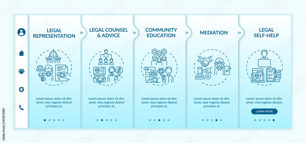 Legal services categories onboarding vector template. Responsive mobile website with icons. Web page walkthrough 5 step screens. Community education color concept with linear illustrations