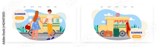 Summer vacation landing page design, website banner vector template set. Travel planning. Motor home, van for road trip.