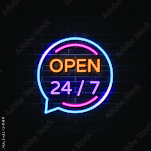 Neon 24 7 open time. Vector illustration