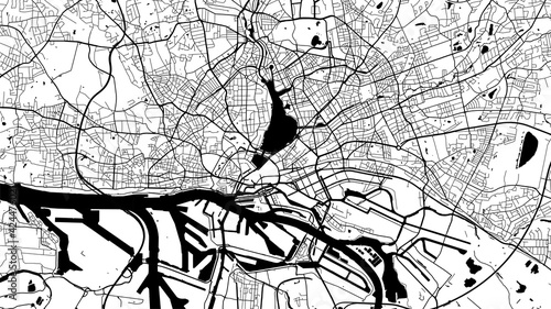 Black and white vector background map, Hamburg city area streets and water cartography illustration.