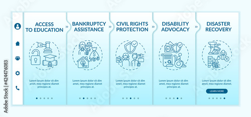 Legal services types onboarding vector template. Responsive mobile website with icons. Web page walkthrough 5 step screens. Civil rights protection color concept with linear illustrations