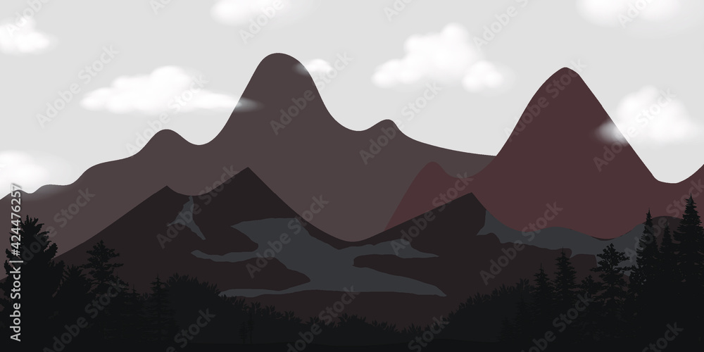 black tree and Mountain range silhouette nature landscapes style. Can be used for your work.