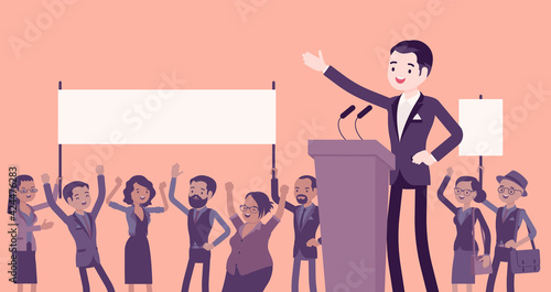 Motivational business speech, inspiring charismatic male leader. Leadership entrepreneur training, managers, coworkers, active crowd silhouette, blank placards. Vector creative stylized illustration