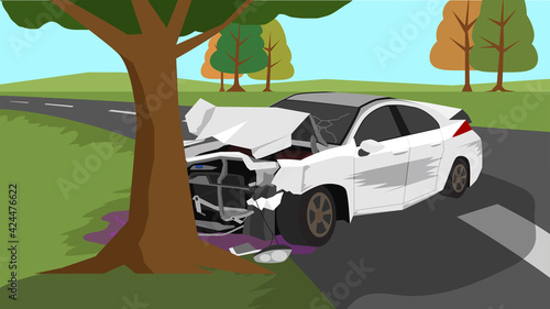 White car accident fell off the road and hit a large tree. Environment is open field and trees grow distant. Along with the mountain scenery in the distance.