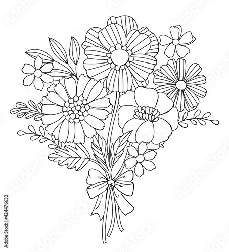 Wildflowers bouquet with a bow in vector outline. Floral adult coloring book page. 