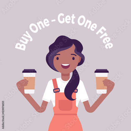 Buy one, get free, coffeehouse, coffee shop, cafe sale promotion. Young attractive positive girl seller offering two products for same price, marketing tactic. Vector creative stylized illustration