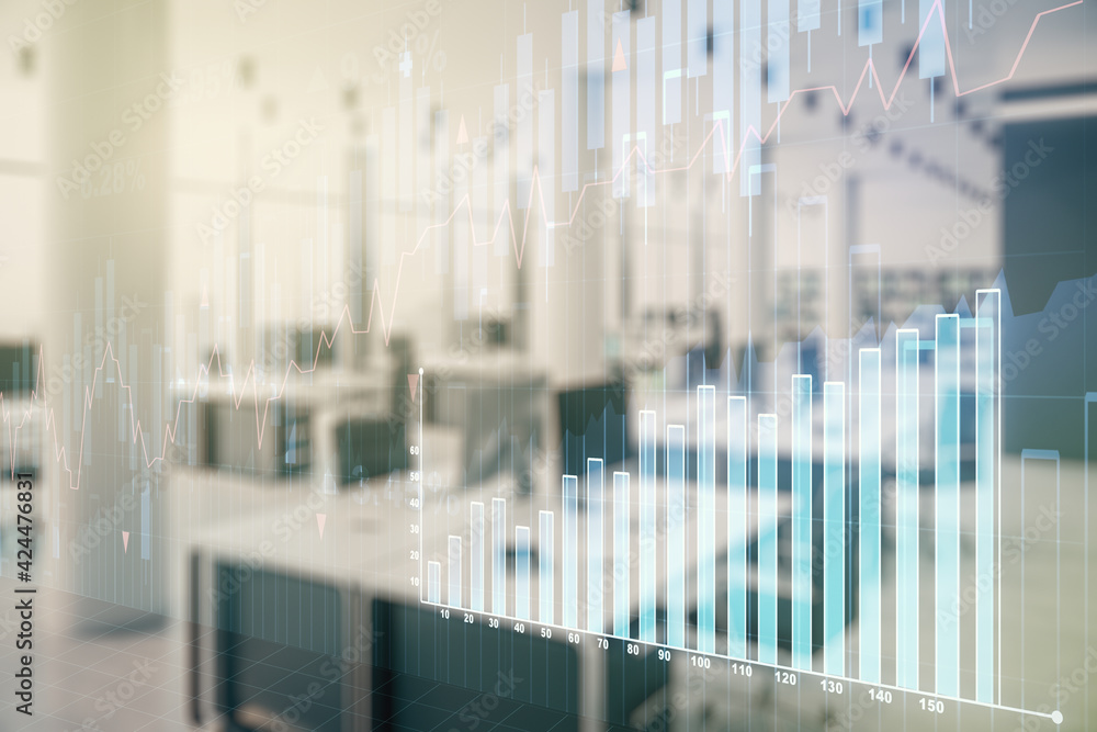 Multi exposure of virtual creative financial chart hologram on modern corporate office background, research and analytics concept Multi exposure of virtual creative financial chart hologram on modern corporate office background, research and analytics concept
