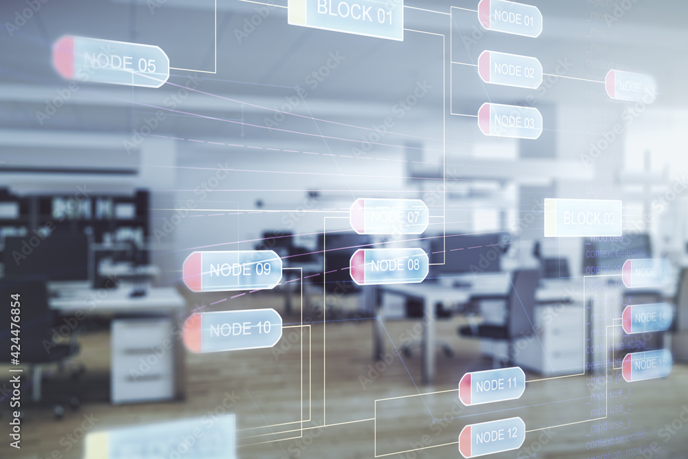 Fototapeta premium Double exposure of abstract programming language interface on modern corporate office background, research and development concept
