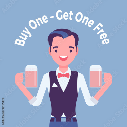Buy one get free, beer bar, tavern pub sale promotion. Young handsome positive boy seller offering two products for same price, marketing tactic for retailers. Vector creative stylized illustration