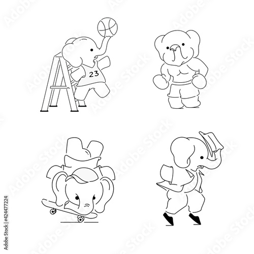 elephant character impersonate basketball, boxing, skateboarding, moon walk vector illustration