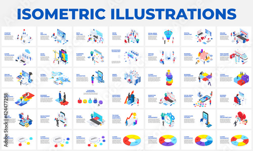 Isometric 3d illustrations set. Startup, business, seo, analysis data, recruiting and social media with characters photo