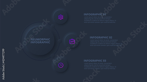 Dark neumorphic flow chart infographic. Template for diagram, graph, presentation and chart. Skeuomorph concept with 3 options, parts, steps or processes