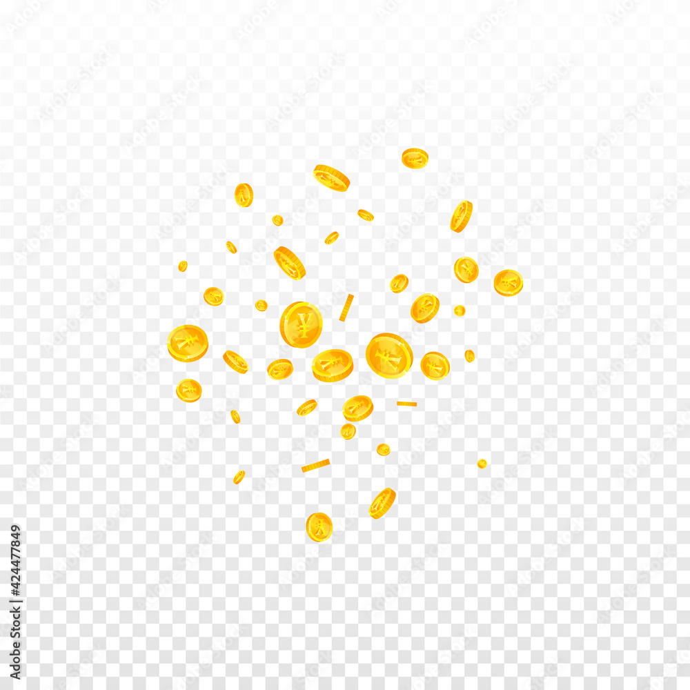 Chinese yuan coins falling. Beautiful scattered CNY coins. China money. Fetching jackpot, wealth or success concept. Vector illustration.