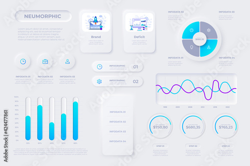 Financial analytics, time management and planning gui templates. User interface elements. Unique neumorphic design set. Manage, navigation, search form and components