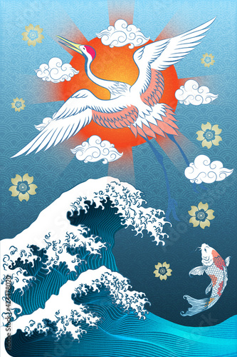 Abstract Art Japanese Flying Crane with Red Sun with Radiant and A bunch of Clouds with Scattering Sakura Flowers and the Torrential wave with Carp KOI Fish below Template Design for Wrapping Paper