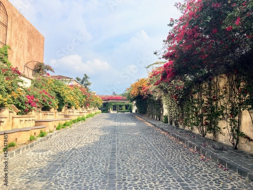 The quiet wide cobbled streets of the small colonial town of Antigua, Guatemala