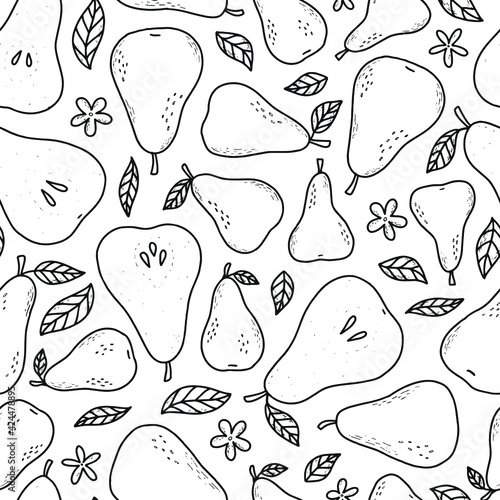 Seamless pattern with sketched pears and leaves on white background for product package, wrapping paper, textile and fabric prints. Garden and farm theme. EPS 10