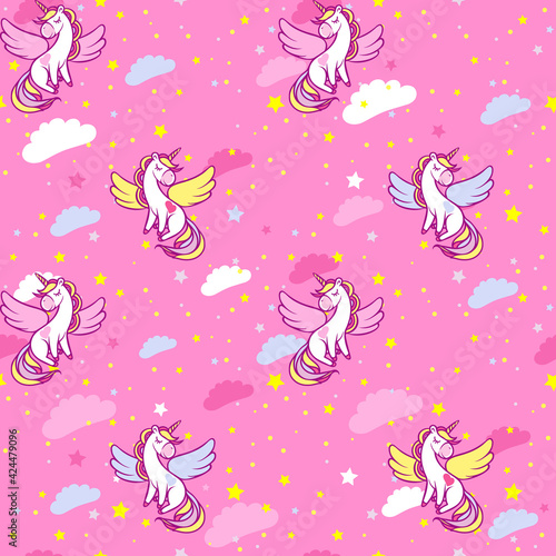 Seamless pattern with cute magical unicorns in the sky with colorful clouds and stars.