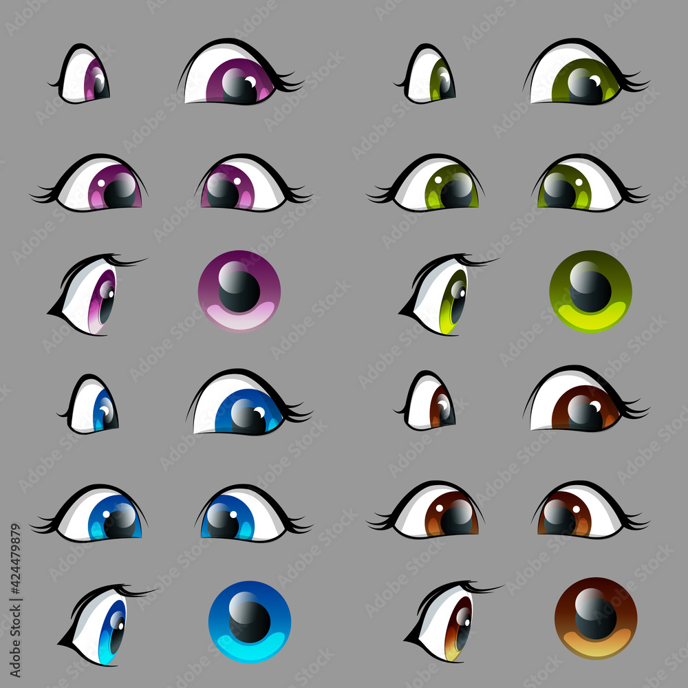 Set of cartoon character anime eyes at different angles of blue, green
