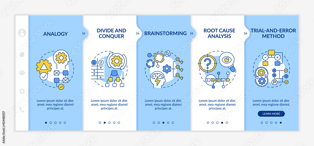 Problem solving tactics onboarding vector template. Responsive mobile website with icons. Web page walkthrough 5 step screens. Creative thinking color concept with linear illustrations