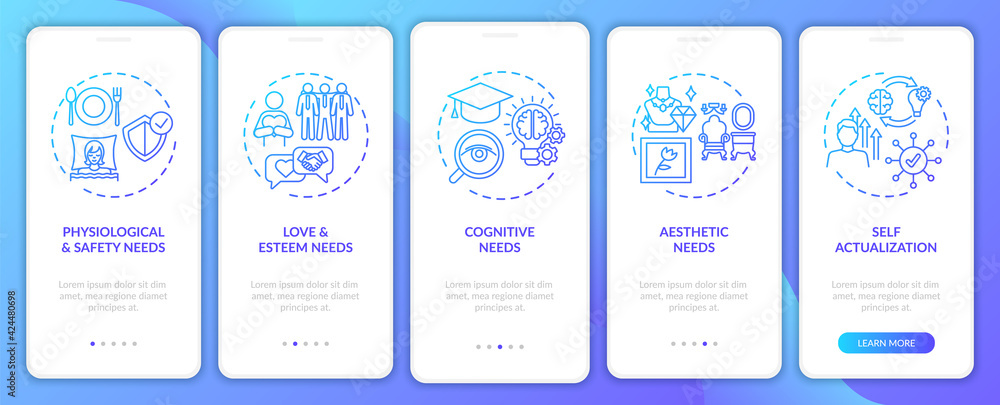 Human being needs navy onboarding mobile app page screen with concepts. Psychology walkthrough 5 steps graphic instructions. UI, UX, GUI vector template with linear color illustrations