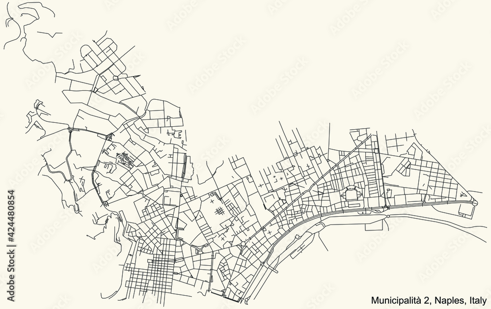 Black simple detailed street roads map on vintage beige background of the quarter 2nd municipality (Avvocata, Mercato, Montecalvario, Pendino, Porto, San Giuseppe) of Naples, Italy