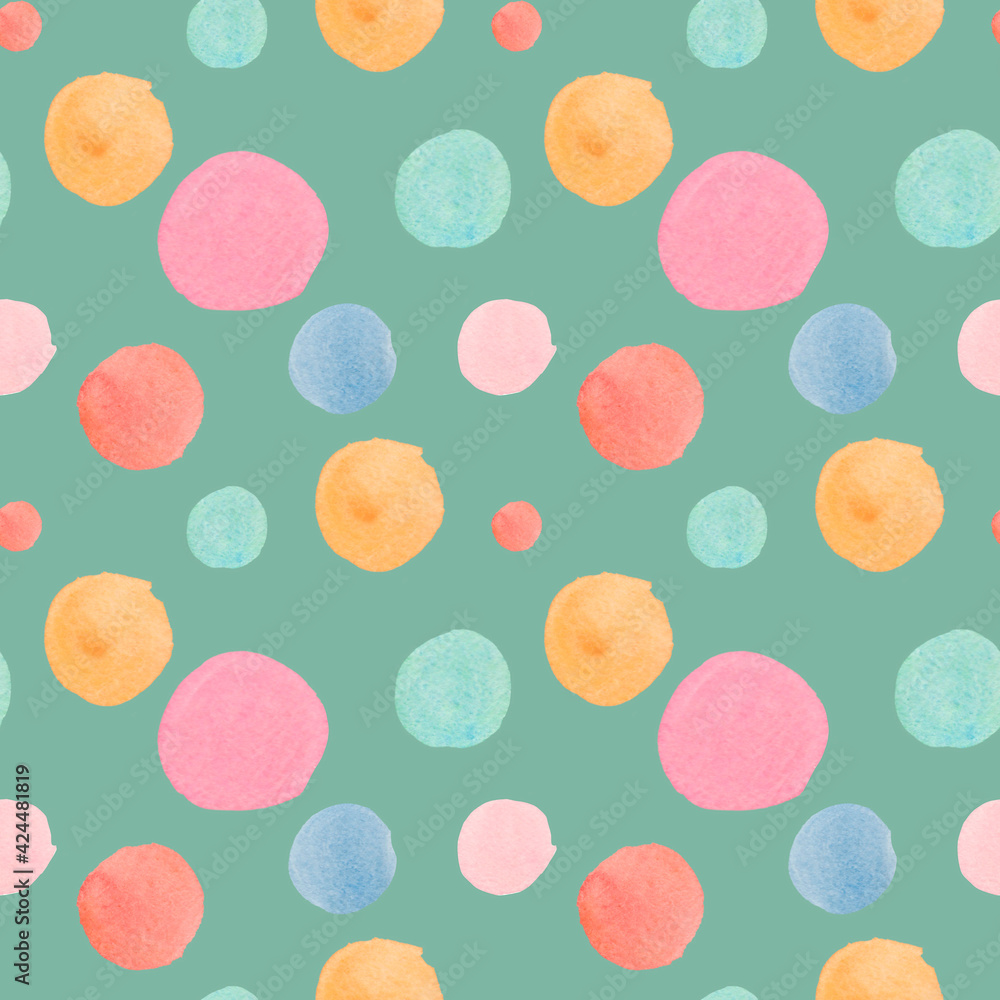 Watercolor seamless pattern with abstract shapes in a delicate hue.Children's print on green isolated background with spots and blotches.Mixed media art.Designs for fabric,wrapping paper,textiles. Watercolor seamless pattern with abstract shapes in a delicate hue.Children's print on green isolated background with spots and blotches.Mixed media art.Designs for fabric,wrapping paper,textiles.