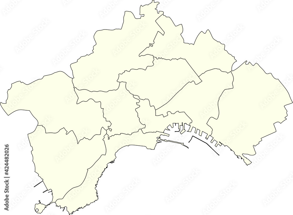 Simple white vector map with black borders of municipalities of Naples, Italy
