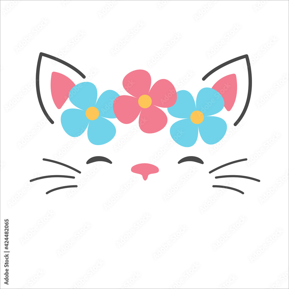 Obraz premium Cute cat face vector Decorate the head with colorful flowers. Isolated on background.