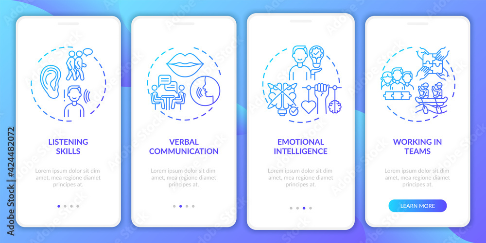 Interpersonal skill self assessment navy onboarding mobile app page screen with concepts. Walkthrough 4 steps graphic instructions. UI, UX, GUI vector template with linear color illustrations Interpersonal skill self assessment navy onboarding mobile app page screen with concepts. Walkthrough 4 steps graphic instructions. UI, UX, GUI vector template with linear color illustrations
