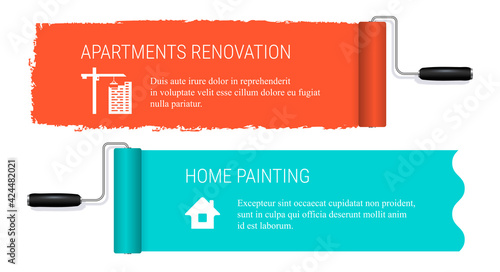 Paint roller banners. Apartment renovation banner template. Vector illustration isolated on white