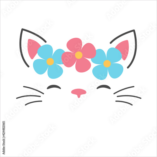 Cute cat face vector Decorate the head with colorful flowers. Isolated on background.