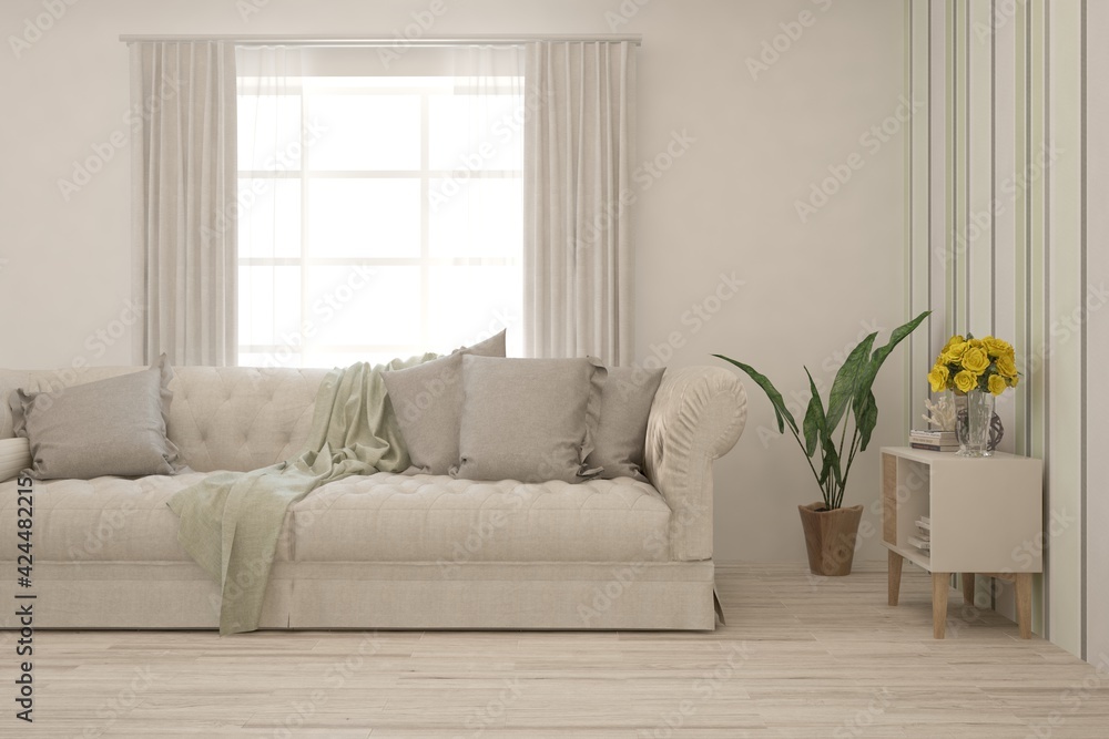 White living room with sofa. Scandinavian interior design. 3D illustration White living room with sofa. Scandinavian interior design. 3D illustration