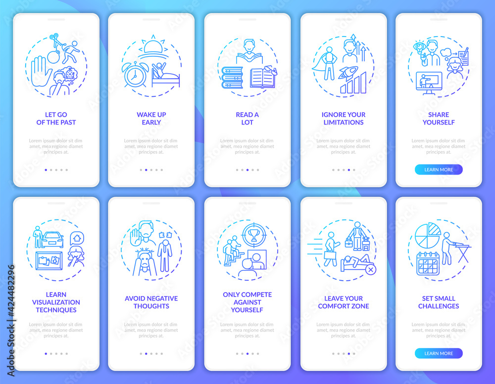 Self-development tips navy onboarding mobile app page screen with concepts set. Personal challenge walkthrough 5 steps graphic instructions. UI, UX, GUI vector template with linear color illustrations