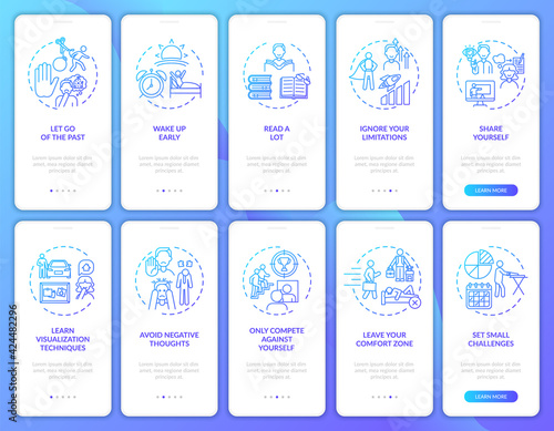 Self-development tips navy onboarding mobile app page screen with concepts set. Personal challenge walkthrough 5 steps graphic instructions. UI, UX, GUI vector template with linear color illustrations