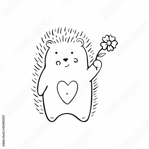 Vector black and white illustration of a cute hedgehog. Line art contour drawing. The hedgehog waves hello, holds a flower. Isolated on white background. 