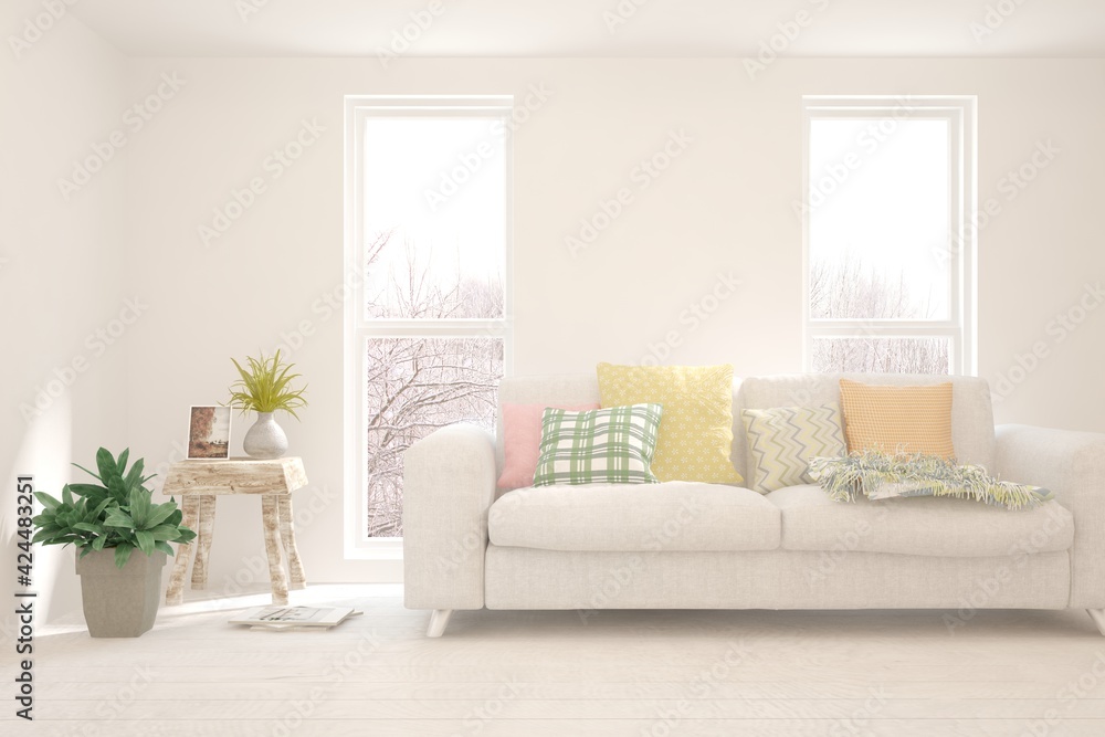 White living room with sofa. Scandinavian interior design. 3D illustration