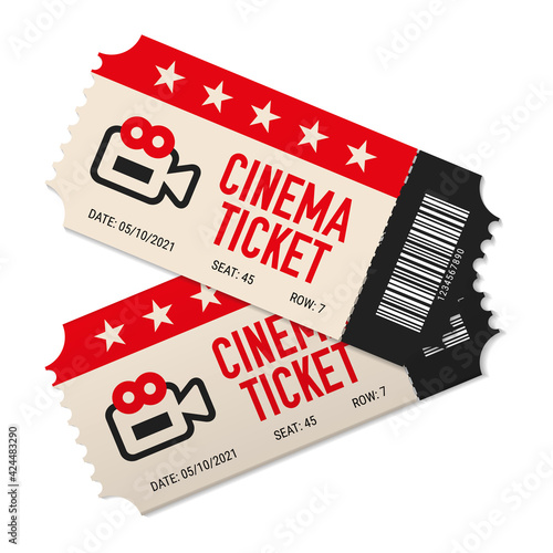 Two cinema tickets. Tear-off tickets. Vector illustration isolated on white