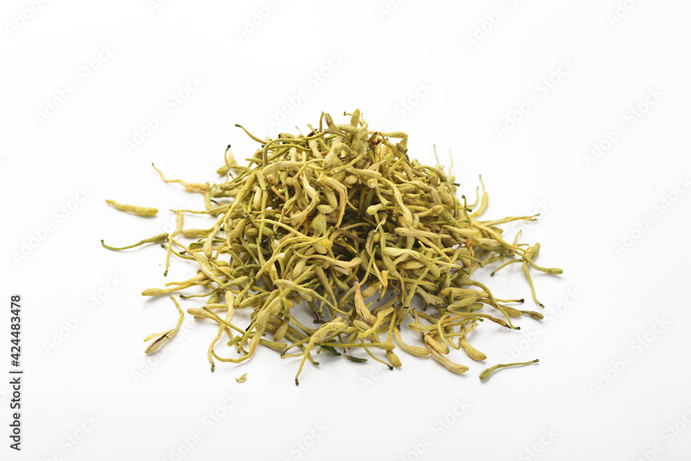 Chinese herbal medicine honeysuckle on white background
