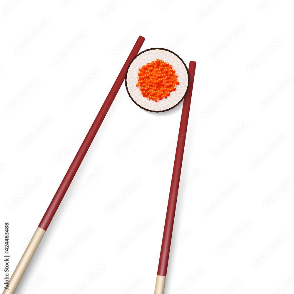 Realistic wooden chopsticks holding sushi roll. Vector illustration isolated on white Realistic wooden chopsticks holding sushi roll. Vector illustration isolated on white