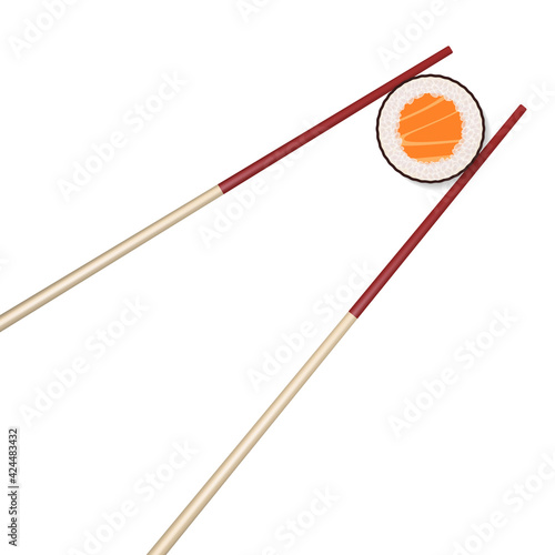 Realistic wooden chopsticks holding sushi roll. Vector illustration isolated on white